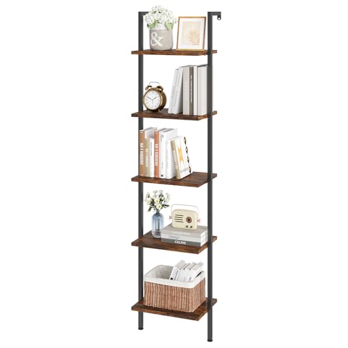 ELYKEN Ladder Shelf, 5-Tier Wood Wall Mounted Ladder Bookshelf | Leaning Storage Shelves with Metal Frame, Vintage Open Display Organizer Rack for Living Room, Bedroom, Home, Rustic Brown - color: Rustic Brown