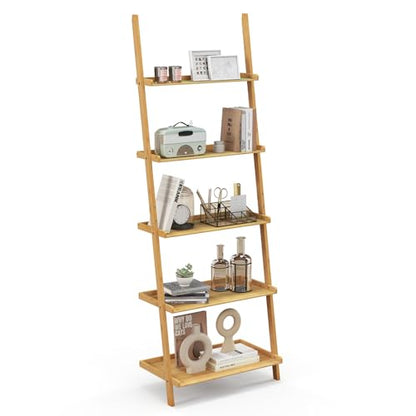 Tangkula 5-Tier Ladder Shelf Bookcase, Bamboo 72”H Wall-Leaning Bookshelf with Baffles and Anti-Tipping Kits, Plant Stand for Living Room Bathroom Home Office Decor, Ladder Bookshelf, Natural - size: 26" x 14.5" x 72" (L x W x H)