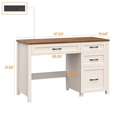 Farmhouse 47" Computer Desk, Executive Desk with File Drawer, Unique White - color: Unique White