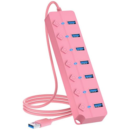 USB Hub 7 Port, USB Splitter with Individual On/Off Switches and Lights - color: Pink