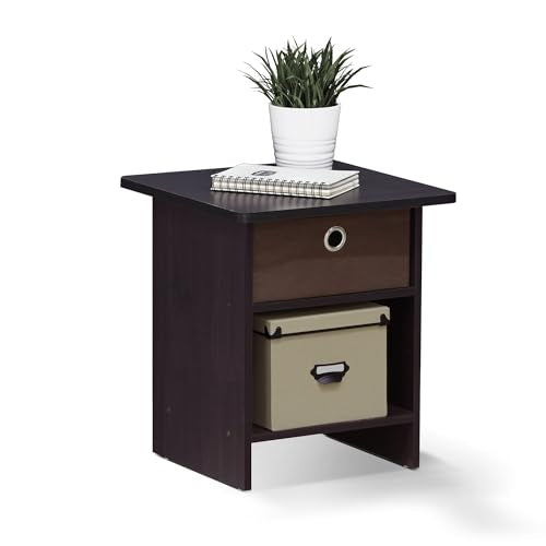 Furinno Dario End Table / Side Table / Night Stand / Bedside Table with Bin Drawer, 1-Pack, Dark Walnut | 1x Storage Bin, Round Corner Night Stand with Open Back Shelf, Bedside Table, for Living Room, Bedroom - color: Dark Walnut, size: 1-Pack, Upper Bin
