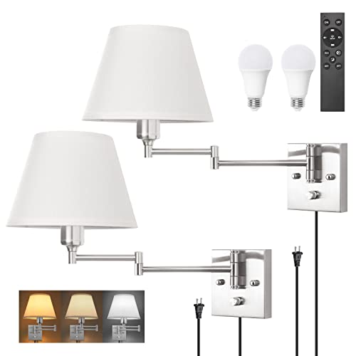 TRLIFE Wall Sconces Plug in, Remote Control Dimmable Wall Sconce and Adjustable Color Temperature 2700K-6500K, Swing Arm Wall Lights with Plug in Cord, 9.4" Medium White Fabric Shade(2 Pack, 2 Bulbs) - color: White-Remote, size: Medium
