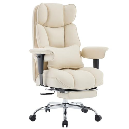 Efomao Executive Office Chair, Beige Fabric Big and Tall Desk Chair | Breathable fabric, pocket spring & foam seat, retractable footrest, 135° recline for computer gaming setup - color: 3084mus-beige