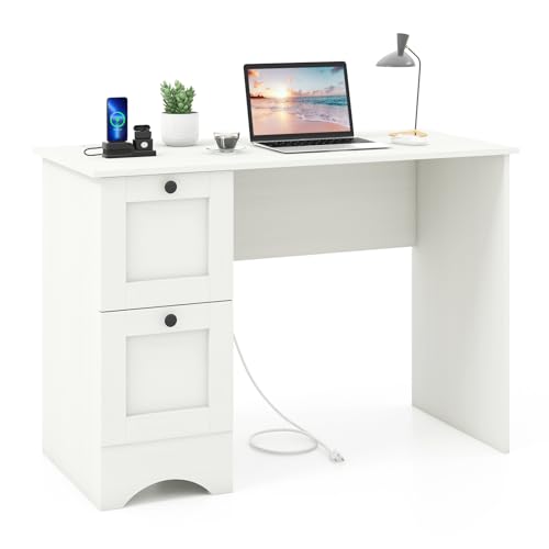 Tangkula White Desk with Drawers & Charging Station, Wooden Home Office Desk PC Laptop Notebook Desk, Compact Study Desk Writing Desk, Computer Workstation Ideal for Home & Office - color: White