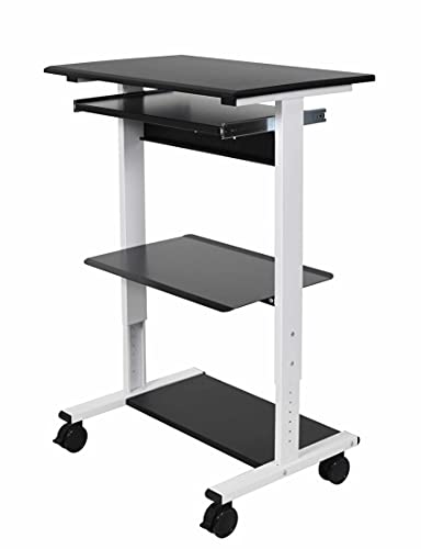 Stand Up Desk Store Mobile Rolling Adjustable Height Standing Workstation with Printer Shelf and Slideout Keyboard Tray (White Frame/Black Top, 30" Wide) - color: White/Black