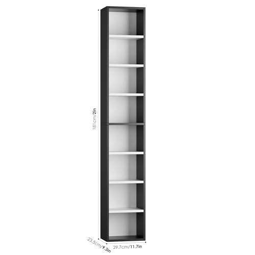 FOTOSOK Bookshelf Bookcase 8-Tier Narrow Bookshelf Tall CD Media Tower Rack | 11.6 X 9.3 X 70.9 Bookshelf, Tall Narrow Slim Skinny Display Bookcase with Cube Storage and 4 Adjustable Shelves, Black/White - color: White/Black