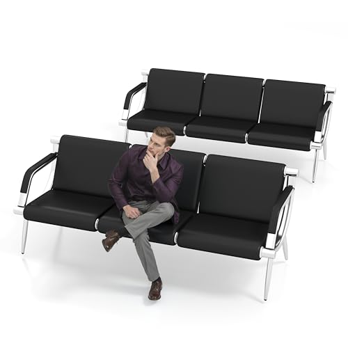 Kinsuite 2pcs 3-Seat Office Reception Waiting Room Chairs - Guest & Reception Chairs for Salon Barber Bench Airport Bank Hall Visitor Guest Black PU Leather Office Sofa, Black - size: 3-seat*2