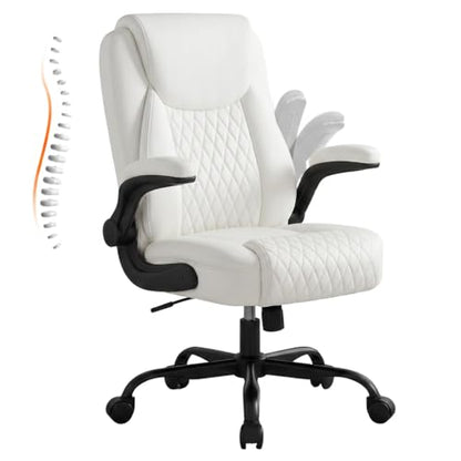 GTPLAYER PU Leather Office Chair, Home Desk Chair with Flip-up Arms, White | Ergonomic Back, Memory Foam Cushion, Comfy Executive Chair for Home Office Gaming, Flexible Rocking, Heavy Duty Chairs - color: White