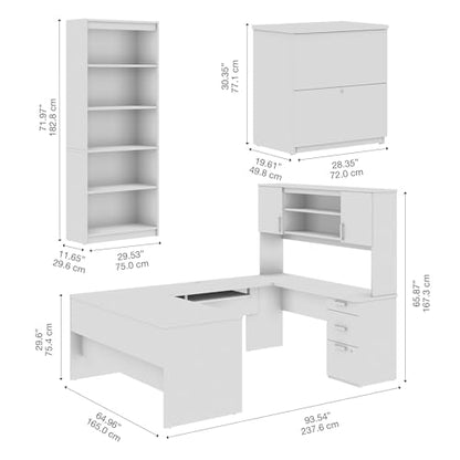 Bestar, Ridgeley Collection, 3-Piece Set Including a U-Shaped Desk with Hutch, a Lateral File Cabinet, and a Bookcase