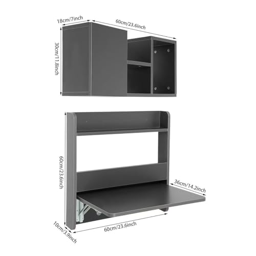 Floating Desk, 24" Wall Mounted Folding Desk with Bookshelf Folding Wall Desks Space Saving Workstation with Storage Shelves for Home Office Bedroom Study Room Small Space - color: Grey