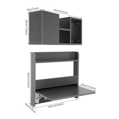 Floating Desk, 24" Wall Mounted Folding Desk with Bookshelf Folding Wall Desks Space Saving Workstation with Storage Shelves for Home Office Bedroom Study Room Small Space - color: Grey