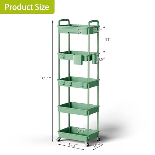 Sorgion 5 Tier Rolling Cart Organizer,Bathroom Cart Organizers with Wheels Laundry Room Organization Mobile Shelving Unit Utility Cart Storage Shelves Multi-Functional for Office, Home(Green) - size: 5Tier-Green