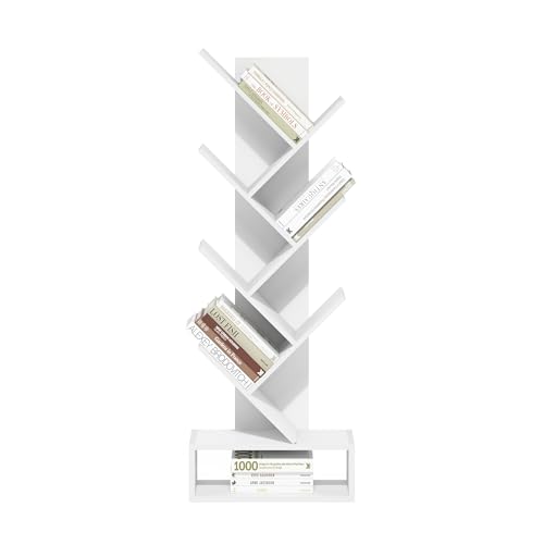 Furinno Tree Book Shelf, 7-Tier Bookshelf, Tree Bookcase with Bottom Shelf, 8.4 x 16.9 x 46.2, for Living Room, Bedroom, Home Office, White - color: White, size: 7-Tier Tree with Bottom Shelf