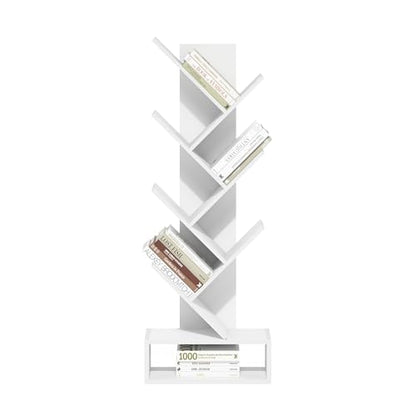 Furinno Tree Book Shelf, 7-Tier Bookshelf, Tree Bookcase with Bottom Shelf, 8.4 x 16.9 x 46.2, for Living Room, Bedroom, Home Office, White - color: White, size: 7-Tier Tree with Bottom Shelf