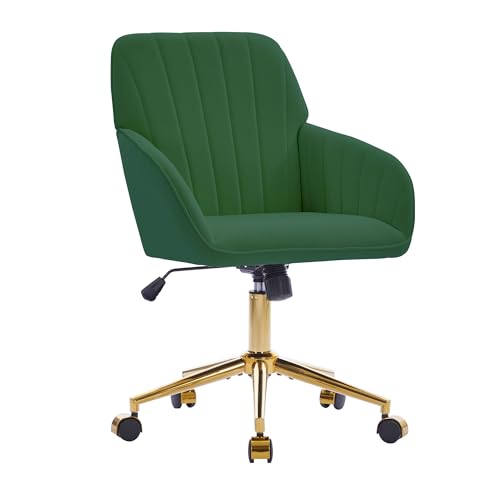 YITAI Velvet Office Desk Chair with Wheels and Gold Base,Modern Height Adjustable 360 Degree Swivel Upholstered Vanity Chairs with Arms for Living Room Bedroom, Study,Green - color: Gold Green