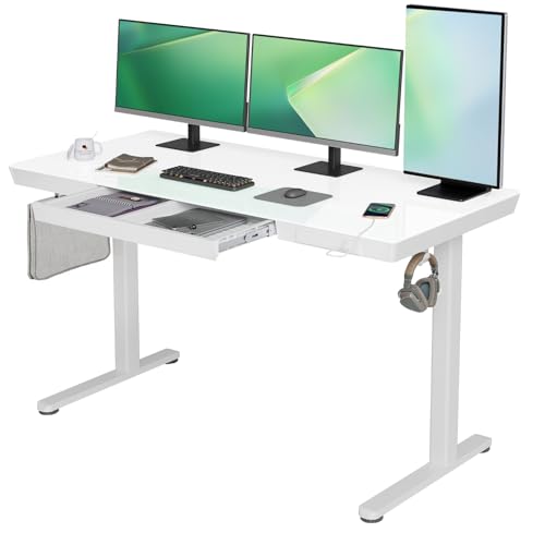 YDN Glass Standing Desk with Drawers, 55x24 Inch, White | Quick Install, Whole-Piece Glass Top, USB ports and a Type-C port, Buil in Drawers, Writable Glass Top, 2 Hooks - color: White, size: 55inch