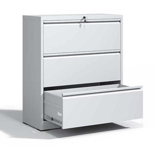 3 Drawer Lateral File Cabinet with Lock,White Metal Filing Cabinet - color: White, size: 40.4"H-3 drawers