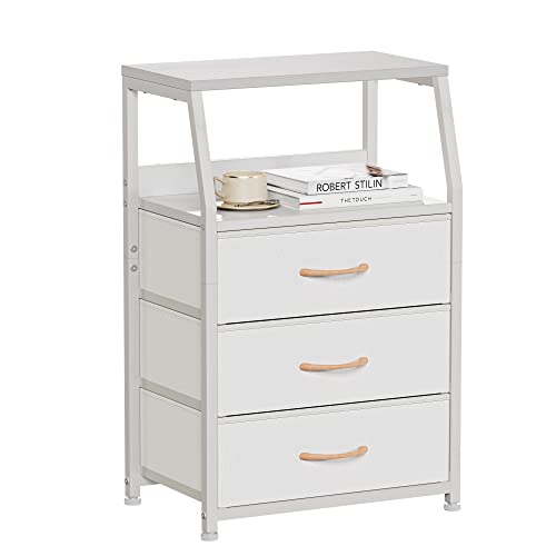 White Night Stand with 3 Fabric Drawers, Small Bedside Table | 2-Tier Shelf, Nightstand with Drawer for Bedroom, Storage Cabinet for Dorm, Closet, Living Room, Sturdy Steel Frame, Wood Top - color: White, style: 3 Drawers