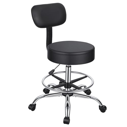 Wufuuoa Drafting Chair with Backrest, Height Adjustable Rolling Stool with Footrest Ring, Faux Leather Thick Cushion Office Stool, Heavy Duty 250lbs Capacity for Workshop Garage Salon Kitchen Black