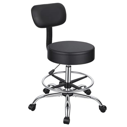Wufuuoa Drafting Chair with Backrest, Height Adjustable Rolling Stool with Footrest Ring, Faux Leather Thick Cushion Office Stool, Heavy Duty 250lbs Capacity for Workshop Garage Salon Kitchen Black