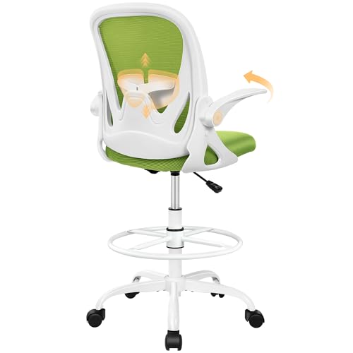 Primy Drafting Chair Tall Office Chair with Flip-up Armrests Executive Ergonomic Computer Standing Desk Chair with Lumbar Support and Adjustable Footrest Ring (Green) - color: Green, size: 934-Z