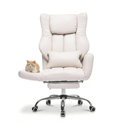 High Back Criss Cross Office Chair with Foot Rest & Flip Armrests | Big and Tall Criss Cross Gaming Chair, PU Leather Ergonomic Home office Computer Desk Chair, 155°Reclining with Lumbar Pillow - color: Beige