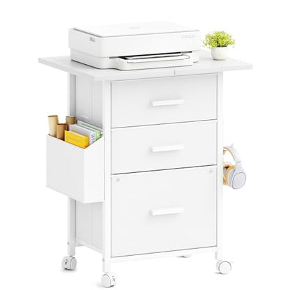 3-Drawer Mobile File Cabinet with 22" Wide Printer Stand, Fabric Under Desk Filing Cabinet with Side Bag & Headphone Hook, Fits Letter/A4 Size Hanging File Folders, Rolling Home Office Organizer,White - color: White