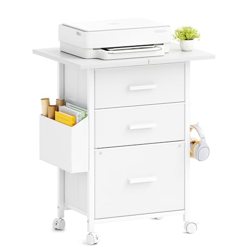 3-Drawer Mobile File Cabinet with 22" Wide Printer Stand, Fabric Under Desk Filing Cabinet with Side Bag & Headphone Hook, Fits Letter/A4 Size Hanging File Folders, Rolling Home Office Organizer,White - color: White