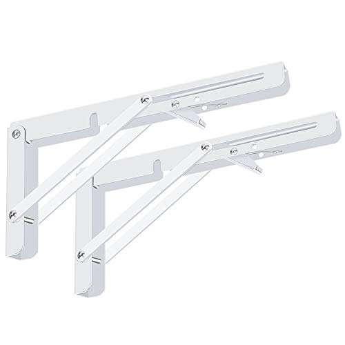 Folding Shelf Brackets 2 Pack,Heavy Duty Triangle Shelf Bracket for Bench Table,Wall Mounted Standing Shelf Brackets for Saving Place,Multi Size, Max Load 150lb (14", White) - color: White, size: 14 Inch