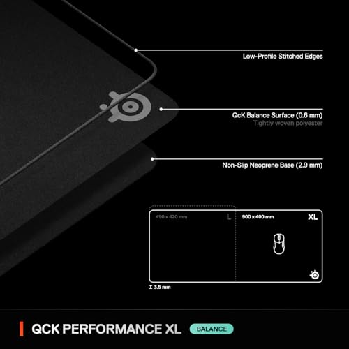 SteelSeries QcK XL Performance Balance Gaming Mousepad — Extra Density for a Smooth Glide — Low-Profile Edge Stitching — Non-Slip Neoprene Rubber Base — 15.75 x 34.43 inch — FPS, MOBAs, RTS, MMO - size: XL, style: Balance