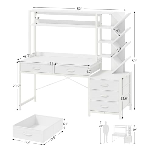 YOMILUVE 52" Computer Desk with Bookshelf, 5 Drawers ＆ Hutch for Bedroom | White Office Desk with Printer Shelf, Study Writing Desk with Storage Shelves - color: White