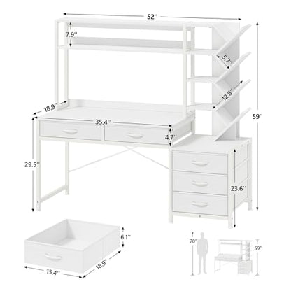 YOMILUVE 52" Computer Desk with Bookshelf, 5 Drawers ＆ Hutch for Bedroom | White Office Desk with Printer Shelf, Study Writing Desk with Storage Shelves - color: White