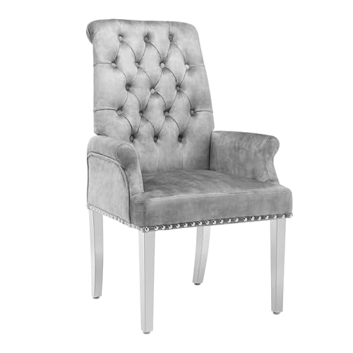 Velvet Dining Chairs with Arms, Upholstered Dining Room Chairs, Grey | Upholstered, High Back, Tufted, Luxurious, Stainless Steel Leg, for Kitchen & Dining Room - color: Grey, size: 1 PCS