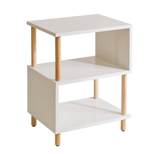 Aibiju White Night Stand with Open Storage Shelf, Wood Nightstand S Shape, Bed Side Table 3 Tier 20 inch high, End Table White/Natural Wood YD-TM152W - color: White/Natural Wood