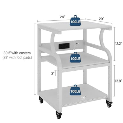 Natwind 3 Tier Large Printer Stand, 24"x20", with Charging Station,White - color: White