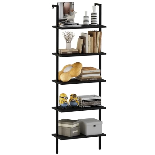 aboxoo Ladder Shelf Open 5-Tier Bookshelf Wall-Mounted Black Wood Bookcase Storage Rack Open Industrial Modern Plant Stand Utility Organizer Bookcase Metal Frame Furniture Office Bedroom - color: Black Wood 5-tier, size: 1PC
