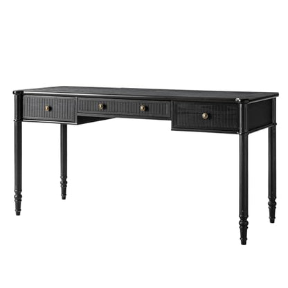 HULALA HOME 60 Inches Fluted Writing Desk with Charging Station, Black - color: Black