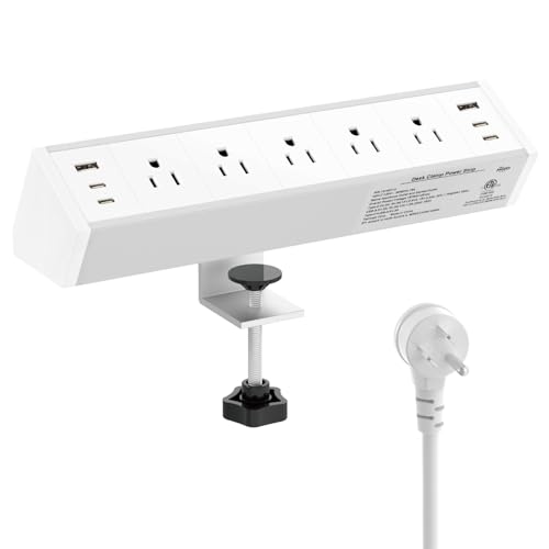 Tecmojo Desk Clamp Power Strip 5 Outlet with 2 USB A and 4 USB C Ports, 6 ft Cord, Desk Outlet Station Fit 1.6" Tabletop Edge, Over Loading Protection, ETL Listed, White - color: White, size: 5 Outlets