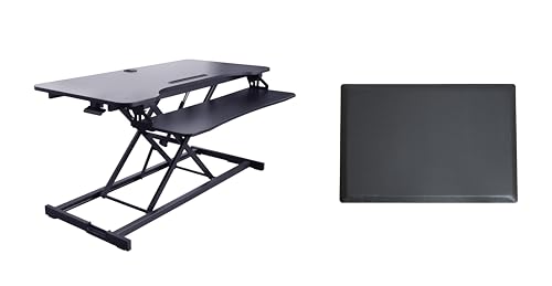 Rocelco 43" Height Adjustable Standing Desk Converter with Anti Fatigue Floor Mat - Tall Stand Up Tabletop Riser and Tablet Slot - Computer Workstation - Deep Keyboard Tray - Black (R VADRB-43-MAFM) - color: Black, size: 43", style: Riser + Floor Mat