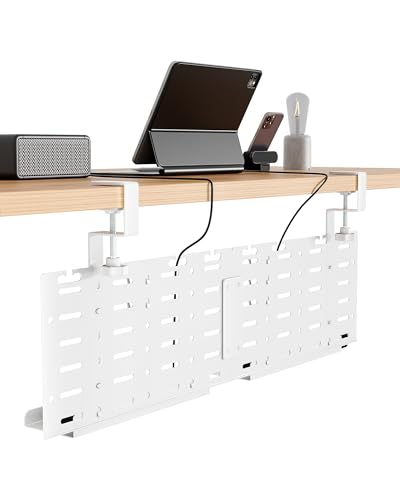 PEGZONE Under Desk Cable Management Tray, 30.2" No-Drill C-Clamp Pegboard - color: White