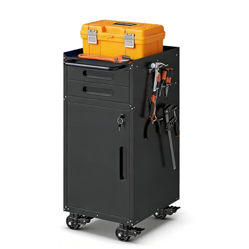 Metal Storage Cabinet for Garage, Tool Cabinet, Utility Cabinet - color: Black, size: S - 2 Drawers & 1 Door (Wheeled)