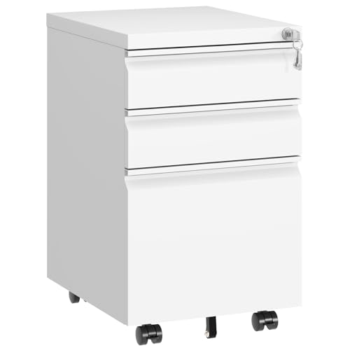Small File Cabinet for Home Office,Metal Mobile Organizer Letters/Legal/A4 | Fully Assembled,Under Desk,Rolling,Central Locking System,3 Drawer,Pencil Tray,Hanging File Bar,Anti-Tipping Caster - color: White, size: 17.7"D x 15.35"W x 23.62"H