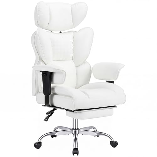 DUMOS Big and Tall Home Office Desk Chair, Executive Chair with Footrest - color: White-l, size: Adjustable Armrest