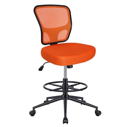 Armless Drafting Chair Tall Office Chair for Standing Desk - Adjustable Height Mesh Ergonomic Stool with Foot Ring, Rolling Counter Height Computer Chair for Small Spaces & Home Office - color: Orange