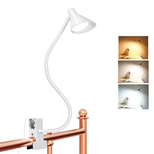 LiFMIRA Desk Lamp Clip on Light USB Reading Light 3 Color Modes White | 10 Dimmable Brightness Eye Care Clamp Desk Lamp Flexible Gooseneck Book Light for Reading in Bed and Desk - color: White