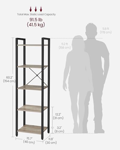 VASAGLE 5-Tier Bookshelf, Bookcase Book Shelf with Steel Frame - color: Heather Greige + Ink Black, size: 5 Tiers (11.8"D x 15.7"W x 60.2"H)