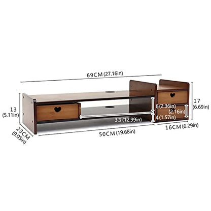 Monitor Stand Riser with 3 Drawers 2-Tier Bamboo Wood Computer Riser for Desk Home Office Desktop Stand Storage Organizer for TV Laptop Computer PC