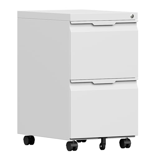 File Cabinet 2 Drawers on Wheels Under Desk,Locking Filing Cabinets for Home Office,Metal Vertical Files Drawers,Small Rolling Cabinet Printer Stand for Legal/Letter/A4( Assembly Required-White) - color: White, size: 2 Drawer-Mobile