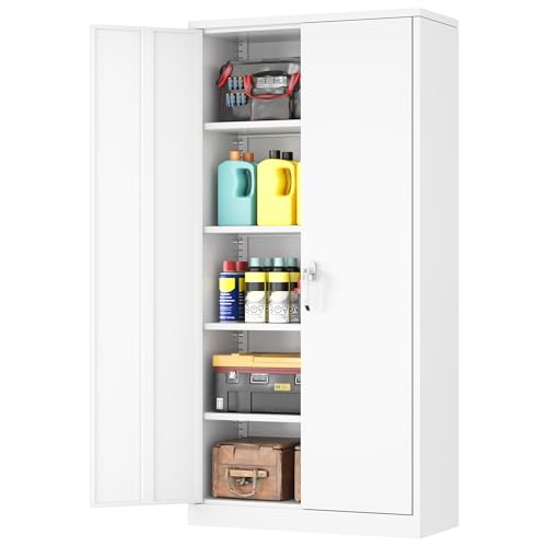 White Metal Storage Cabinet, 72" Locking Steel Cabinets with 2 Door and 4 Adjustable Shelves, Tall Metal Cabinet for Home Office, Garage, Warehouse - color: White, size: 71" High