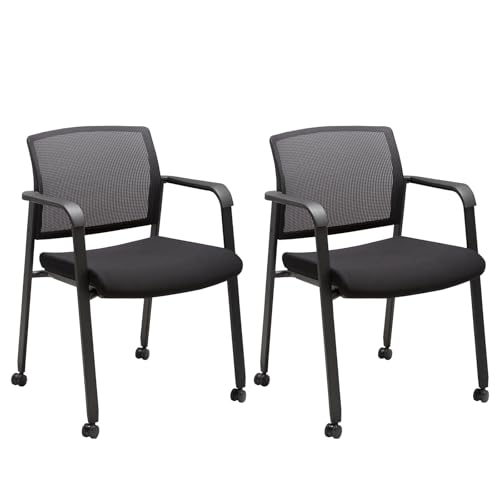 CLATINA Black Waiting Room Chair with Wheels Mesh Back Stacking Arm Chairs with Upholstered Fabric Seat and Ergonomic Lumbar Support for Office School Church Guest Reception, Set of 2